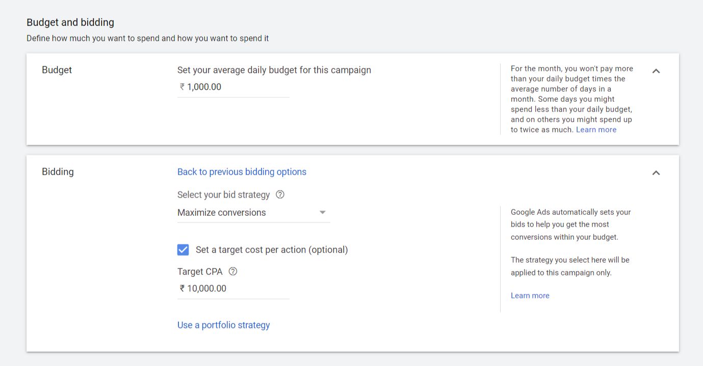 Daily budget, bidding and cost per action